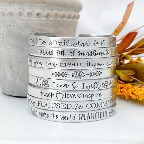 CUSTOMIZEDPERSONALIZED Bracelethand Stamped Skinny Silver Cuffcustom Saying Braceletmantra Braceletname Bracelet - Etsy Mantra Bracelet, Stone Engraving, Stamped Bracelet, Craft Classes, Design Stamps, Motivational Words, Name Bracelet, Stamped Jewelry, Silver Cuff