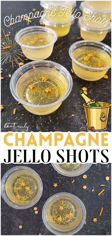 Golden Jello Shots, New Years Snacks Ideas, Champagne Shots Jello, Jello Shot Recipes New Years Eve, Glitter Champagne Jello Shots, Nye Shots Cocktail Recipes, New Years Eve Bar Ideas, New Year Jello Shots, New Years Eve Party Food Appetizers