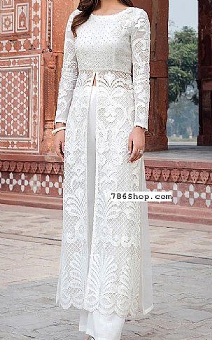 Self Net Dresses, Net Pakistani Suit Design, White Net Suits Design Pakistani, White Net Dresses Pakistani Style, Silk And Net Dress, Net Fabric Dress Ideas, Net Design Dress, Embroided Net Dresses, Panel Shirt Design Pakistani