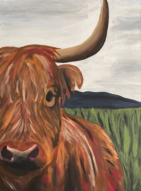 Longhorn Cow Painting Easy, Texas Painting Ideas Easy, Hiland Cow Painting Easy, Western Simple Painting Ideas, Painting Ideas Western Easy, Paint Highland Cow, Easy Rustic Paintings, Agriculture Art Paintings, Western Simple Paintings