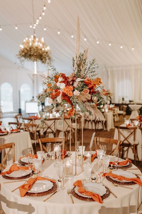 Tall centerpieces are some of our favorite pieces to design, especially when they feature bold colors & fun textures! Orange Wedding Centerpieces, Cranberry Wedding, Orange And Cranberry, Orange Wedding Themes, Fall Wedding Color Schemes, Rusting Wedding, Fall Wedding Tables, Burnt Orange Weddings, Wedding Themes Fall