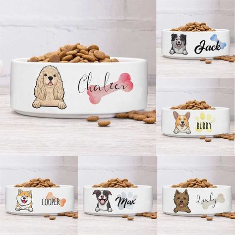 Personalized Dog Bowl with Name's Pet and Breeds Design - Custom Ceramic Dog Bowls with Icons, Dog Dish for Dry or Wet Food and Water Customized Feeding Bowl Available in 2 Sizes for Small, Large Dogs Feeding Puppy, Ceramic Pet Bowl, Custom Dog Bowls, Personalized Dog Bowls, Pet Water Bowl, Puppy Bowls, Ceramic Dog Bowl, Dog Water Bowls, Dog Food Bowls