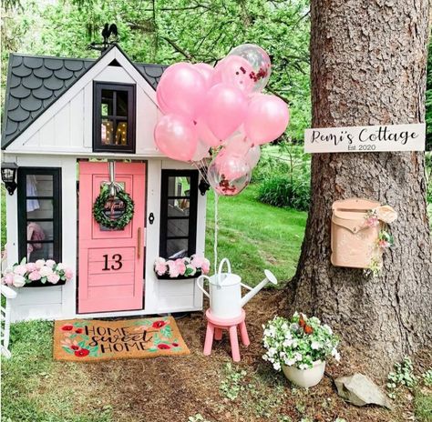 Playhouse Porch Ideas, Kidkraft Lakeside Bungalow Playhouse, Playhouse Flower Bed, Custom Playhouse Backyard, Fairy Cottage Playhouse, Playhouse Outdoor Decor, Decorating A Playhouse, Playhouse Decorating Ideas Outdoor, Redone Playhouse