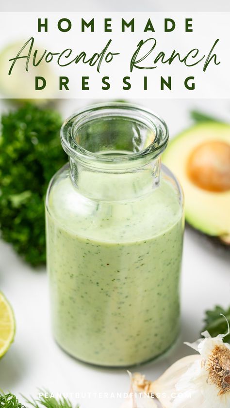 Avocado Ranch Dressing Homemade Avocado Ranch Dressing, Homemade Buttermilk Ranch Dressing, Coconut Dressing, Avocado Lime Ranch Dressing, Avocado Dressing Recipe, Avocado Ranch Dressing, Garlic Ranch, Man Recipes, Avocado Salad Dressing