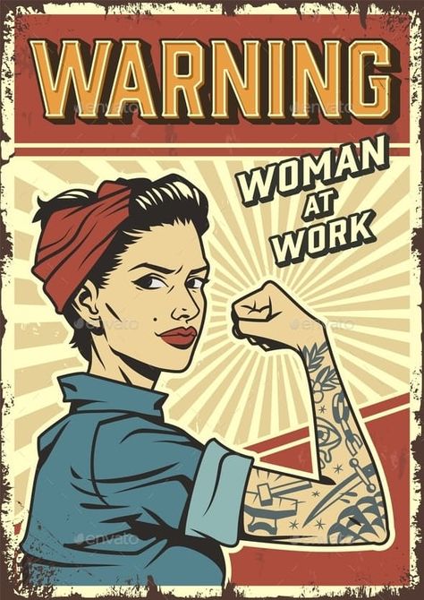 Female Power Retro Poster by imogi | GraphicRiver Retro Nasa Posters, Vintage Poster Design Retro, Marvel Retro Poster, 80s Aesthetic Retro, Retro Poster Design, Woman At Work, Nasa Retro, Journal Workout, Exercise Journal