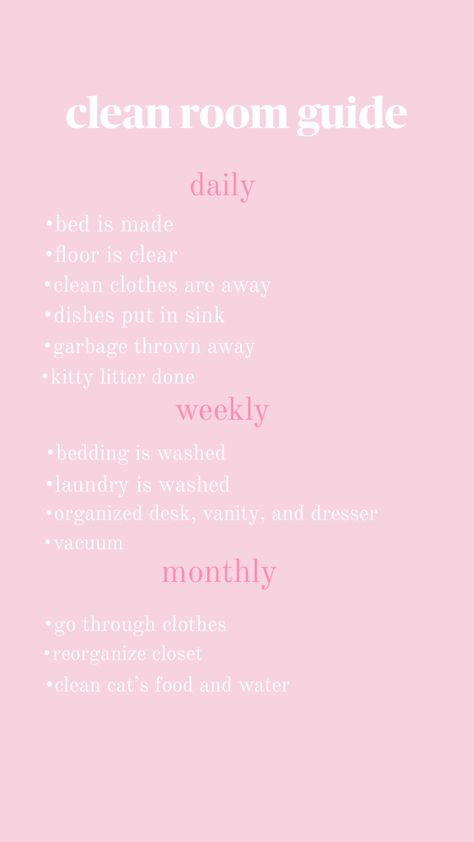 a list of things to do daily, weekly, and monthly to maintain a clean room Organisation, Clean Room Schedule, How To Clean Your Room Aesthetic, Clean Room Aesthetic Checklist, How To Maintain A Clean Room, Room Cleaning Guide, Bedroom Cleaning Supplies, Tips On Organizing Your Room, Room Organization Ideas Bedroom Cleaning