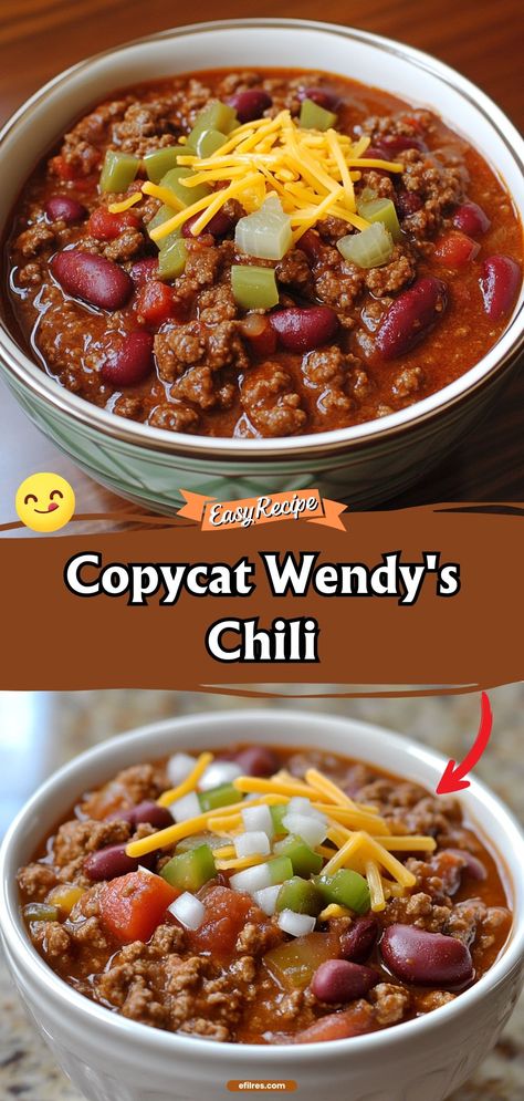 Bring the flavor of Wendy's into your kitchen with this Copycat Wendy's Chili recipe. It’s rich, hearty, and filled with beans, beef, and a blend of spices that will warm you up from the inside out. Perfect for chilly evenings or as a satisfying meal. #ChiliRecipe #CopycatWendys #HeartyMeal Wendy’s Chili Recipe Copycat, Wendys Chili Copycat, Taste Of Home Wendy’s Chili, Wendy’s Chili, Wendy Chili, Wendy's Chili Recipe Copycat, Ww Chili, Ultimate Chili Recipe, Award Winning Chili Recipe