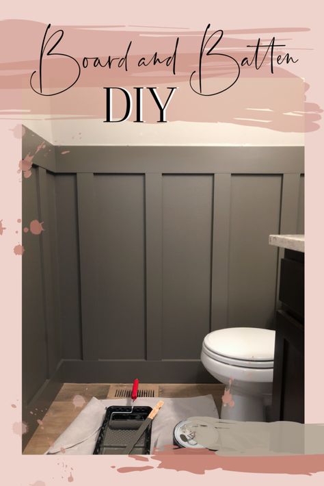 Gray board and batten DIY in bathroom. Full board and batten tutorial in my powder room! Powder Room Board And Batten Diy, Half Panel Bathroom Walls, Bathroom Board And Batten Diy, Board And Batten Wainscoting Bathroom, Small Powder Room Ideas Modern Board And Batten, Batten Board In Bathroom, Water Closet Board And Batten, Batton Board Powder Room, Board And Batten Behind Sink