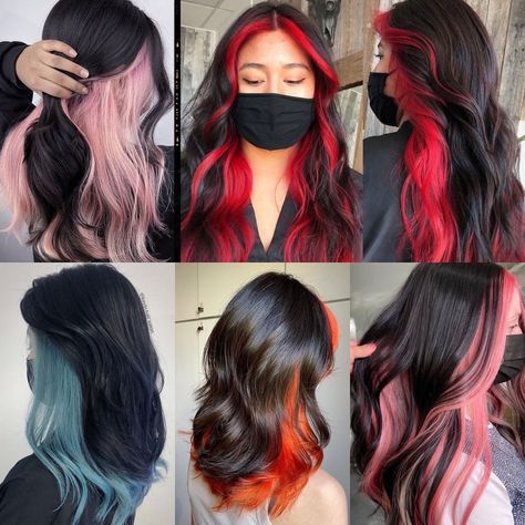 Hair Colour Ideas Underneath, Front And Bottom Hair Dyed, Balayage, Hair Color Inside The Hair, Black Hair Color Underneath, Black And Colored Hair Underneath, Colour Under Hair, Peekaboo Hair Color For Black Hair, Two Hair Colors Underneath