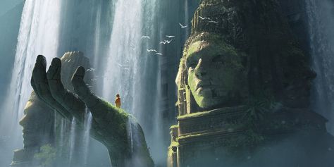 Discover The Art of Jessica Woulfe, a Concept Artist and Illustrator based in Vancouver, Canada. Giant Statue, The Ancient One, Bg Design, Landscape Concept, Fantasy Setting, Fantasy Places, Matte Painting, Fantasy Art Landscapes, Fantasy Concept Art