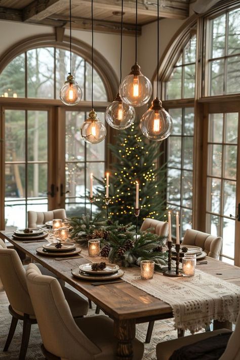 Christmas Dining Table Decor 2024, Christmas Table Settings Natural, Christmas Dining Table Decor Traditional, Christmas Modern Farmhouse Decor, Green And Tan Christmas Pictures, Dining Room Tree Christmas, Classic Elegant Christmas Decor, Dining Room Xmas Decor, Thanksgiving With Christmas Decorations