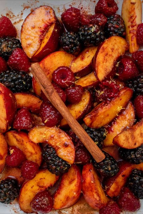 roasted summer fruit over sweet ricotta Roasted Fruit Recipes, Roasted Fruit Dessert, Roasted Peaches Dessert, Fall Fruit Dessert Recipes, Camping Dessert Ideas, Baked Fruit Recipes, Appetizers Fancy, Breville Oven, Summer Brunch Recipes