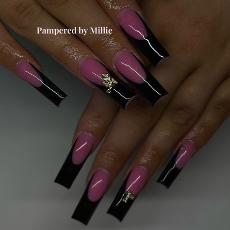 Pink Based French Nails, Clear Pink And Black Acrylic Nails, Pink And Black French Tip Nails Short, Pink With Black French Tip Nails, Pink Acrylic With Black French Tip, Pink Acrylic Black French Tip, Pink Base And Black French Tip Nails, Pink And Black Nails Acrylic French Tips, French Tip Acrylic Nails With Pink Base