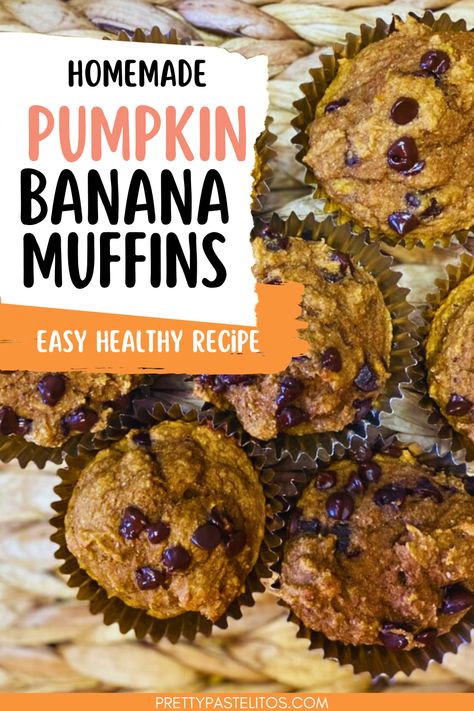 easy low-fat pumpkin muffins recipe Flourless Pumpkin Muffins Healthy, Pumpkin Banana Chocolate Chip Muffins, Healthy Pumpkin Banana Recipes, Pumpkin Banana Muffins Healthy, Banana Pumpkin Muffins Healthy, Banana Pumpkin Recipes, Banana Chocolate Chip Muffins Healthy, Healthy Chocolate Chip Muffins, Healthy Pumpkin Muffins