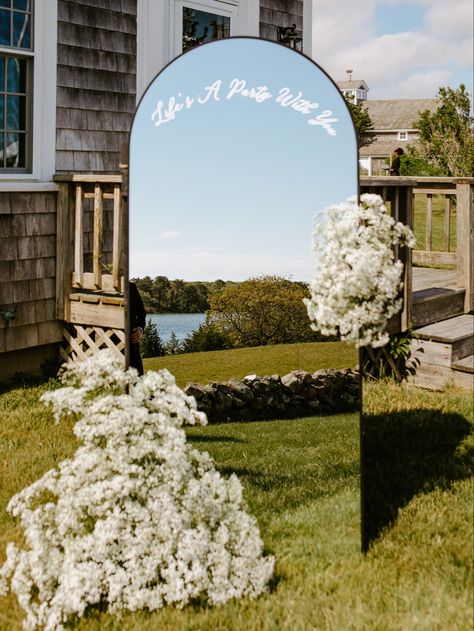 One of my favorite wedding features was this photo opportunity for our guests. Classy Garden Wedding, Mirror Wedding Signs, Neutral Florals, Mirror Wedding, Wedding Mirror, Dream Wedding Decorations, Outdoor Wedding Decorations, Future Wedding Plans, Salou