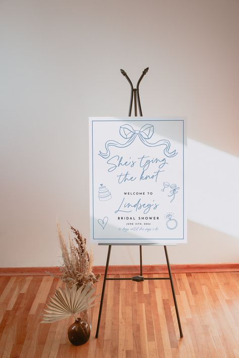 She's Tying The Knot Bridal Shower Welcome Sign, Blue Bow, Blue and White, Hand Drawn, Whimsical, Editable Printable, Coquette by TheTinyOwlCo on Etsy Bridal Shower Welcome Sign, Shower Welcome Sign, Tying The Knot, White Hand, Blue Bow, The Knot, Welcome Sign, Bridal Shower, Hand Drawn