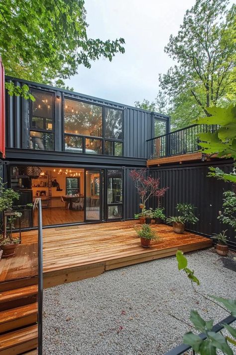 Modern shipping container home courtyard with decks and porches. Check out these shipping container homes and learn their advantages, design appeal, and unique characteristics. Container Tiny Homes Ideas, Shipping Container Courtyard, Industrial Shipping Container Home, Shipping Container Playhouse, Inside Container Homes, Two Shipping Container Homes, Cargo Container Homes Floor Plans, Container A Frame Home, Tiny House Container Homes