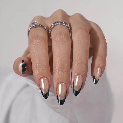 Amazon.com: BTArtbox: PRESS ON NAILS Chrome Nails With Black French Tip, Black Tips With Chrome, Nail Into Almond, Black French Chrome Nails, Black Chrome Nails French Tip, Black French Tip Chrome Nails, Almond Nails Black Design, Black Chrome Nails Almond, Black Frenchies Nails