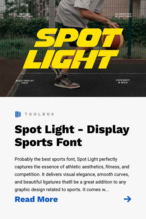 Probably the best sports font, Spot Light perfectly captures the essence of athletic aesthetics, fitness, and competition. It delivers visual elegance, smooth curves, and beautiful ligatures thatll be a great addition to any graphic design related to sports. It comes with multilingual uppercase and lowercase characters, punctuation, and numbers. Use this sporty font to streamline a team spirit in logo design, apparel, editorials, and more. Athletic Branding Design, Active Typography, Sport Branding Design, Fitness Brand Design, Best Font For Logo, Logo Sport Design Ideas, Sports Editorial Design, Sports Logo Design Ideas Creative, Modern Sports Logo