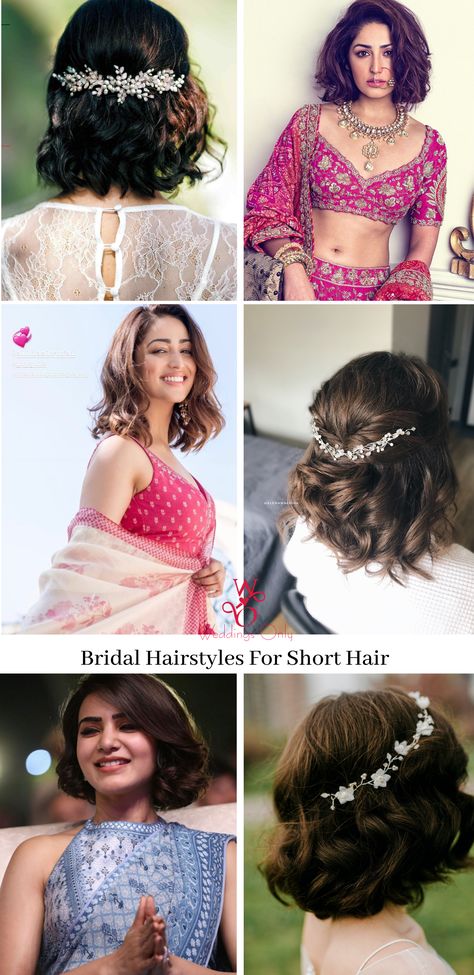 Unique bridal hairstyle ideas for short hair that are trending this wedding season in 2020. Short hair hairstyle for bridesmaid and Indian brides. #shorthairhairstyle #bridalhairstyleideas #bridalinspiration #indianwedding #indianbride #bridaloutfit #hairstyle #weddinghairstyle #weddingideas #uniquebridalhairinspiration #bridalhairandmakeup #hairstyleideas#bridesmaidshairstyleideas #bridalhair #bridalbun #hairstylesforlonghair #braids #curls #haircuts #trendyhaircuts #shorthairhaircuts Bride Hairstyles For Short Hair Curls, Hairdo For Short Hair Wedding Indian, Hairstyle On Gown For Short Hair, Small Hair Hairstyles Wedding, Short Hairstyles On Indian Wear, Short Hairstyles For Wedding Indian, Short Hairstyle For Engagement Bride, Short Hairstyles For Engagement, Gown Hairstyle For Short Hair