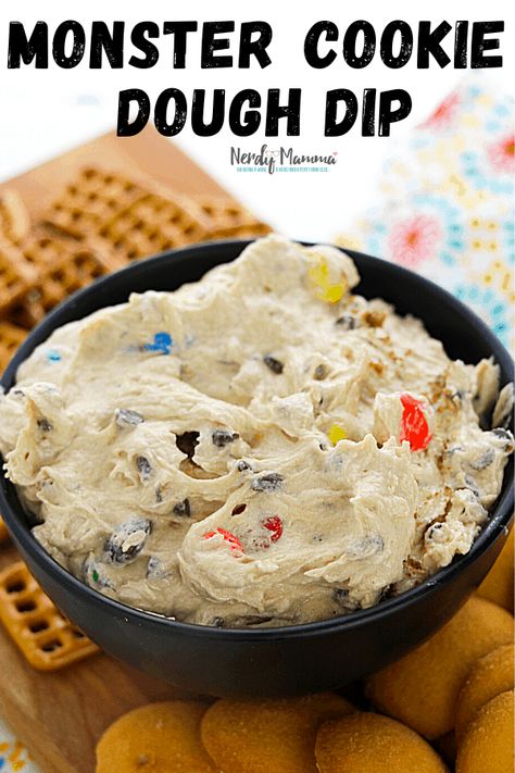 Monster Cookie Dough Dip - Monsterifically Delicious Dip - Nerdy Mamma Cookie Monster Dip, Monster Cookie Dip, Dinosaur Dip, Monster Dip, Monster Cookie Dough Dip, Cookie Dough Dip Recipe, Monster Cookie Dough, Breakfast Tart, Dips Recipes