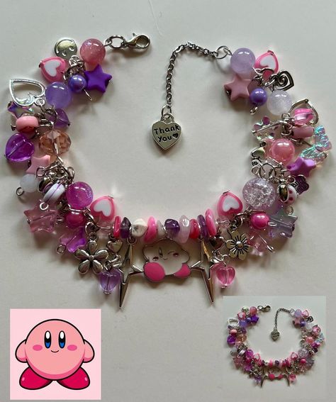 Kirby Bracelet🩷⭐️🌙✨ • How to purchase? linked in bio, depop, vinted, or dm me to order! • ( i do not place orders from dms, i only take orders from depop or vinted due to cheaper shipping prices) • • • #bracelet #handmade #kirby #beaded #beadedjewelry #bracelet #gamejewelry #kirbykirbykirby #pinkbeads #purplebeads #whitebeads #smallbusiness #jewelry #kawaii #kirbyjewelry #beadjewelry #japankirby #crystals #charms #beadsjewelry #japan #jewellery #kirbyfanart #kirbyart #animeartist #explorepag... Kirby Bracelet, Kawaii Bracelet Jewelry For Friendship, Kirby Earrings, Charm Bracelet Kawaii, Fairy Kei Jewelry, Kirby Art, Cluster Bracelets, Easy Diy Jewelry, Pink Beads