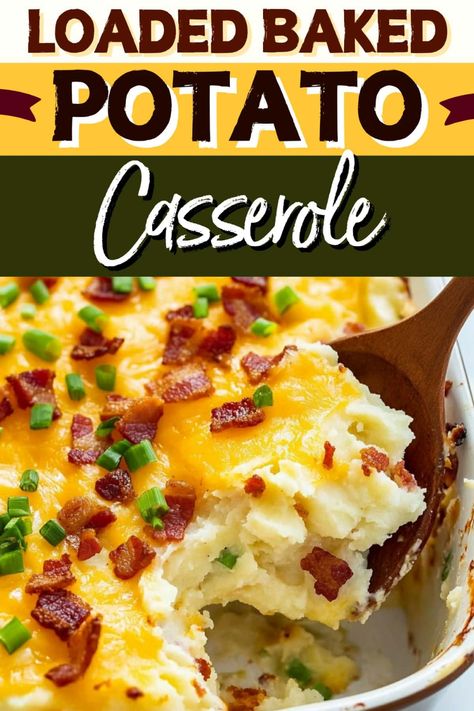 This loaded baked potato casserole is the ultimate side dish! With creamy potatoes, bacon, plenty of cheese, green onions, and sour cream, it's impossible to resist. Bake Potato Casserole Loaded, Loaded Baked Potato Bake, Loaded Twice Baked Potatoes Casserole, Cream Cheese Potatoes Bake, Loaded Potato Casserole Crockpot, Potato Bacon Cheese Casserole, Easy Thanksgiving Potato Recipes, Best Potato Casserole Recipes, Cream Cheese Potato Casserole