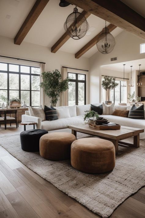 Neutral Home Aesthetic With Black, Open And Airy Living Room, California Comfortable Interior, Home Decor With Light Wood Floors, Family Room With High Ceilings, California Interior Aesthetic, Entry Way Living Room Combo Ideas, Home Bunch Interior Design Ideas, Home Decor Ideas Earthy