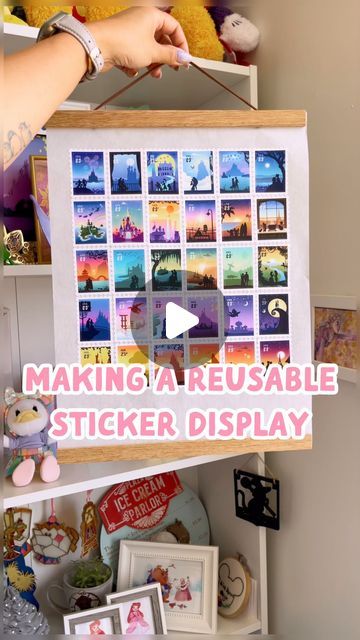 Wish Upon Magic - Ada on Instagram: "How to make a reusable sticker display to show off your sticker collection! 🤩 Pin collectors show off their collection on a pin board, why can’t we have a display board for stickers too?! 👇🏼👇🏼👇🏼  Materials: I used parchment paper because it’s coated with non-stick silicone (most “non-stick” baking sheets should work too) and a snap on magnetic poster board.   How it works: Silicone is the same coating on the backing paper that stickers come on, so silicone parchment paper allows you to you easily peel and reuse the stickers on another surface later! Now I’ve got another excuse to make and collect more stickers 🤣  How to put it together: First, take one sheet of silicone parchment paper ✌🏼 Plan and arrange all your stickers- this is the fun part Displaying Stickers For Sale, Sticker Uses Ideas, Ways To Display Stickers, Sticker Collage Display, Sticker Placement Ideas, Sticker Board Ideas, Sticker Display Ideas Wall Art, How To Display Stickers, Sticker Display Ideas Retail