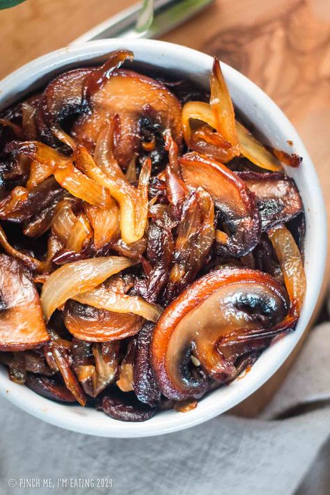 This easy recipe for caramelized onions and sauteed mushrooms brings out the best in both ingredients in a single pan on your stovetop. A perfect veggie side dish, and a tasty topping for steak, burgers, and sandwiches! Mushroom Onion Steak Topping, Mushrooms And Onions For Steak, Tomato Onion Recipe, Topping For Steak, Steak Toppings, Steak Board, Steak Burgers, Steak Sides, Caramelized Onions And Mushrooms