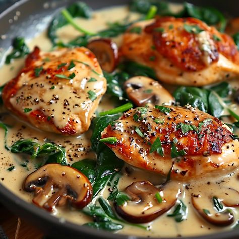 Chicken with Spinach and Mushrooms in Creamy Parmesan Sauce - Grammy Recipes Chicken With Mushrooms Healthy, Chicken And Mushrooms In Cream Sauce, Grilled Chicken With Mushrooms, Chicken With Spinach And Mushrooms In Creamy Parmesan Sauce, Creamy Spinach Mushroom Chicken, Chicken Spinach Mushroom Recipes, Mushrooms Spinach Recipes, Mushrooms And Chicken Recipes, Chicken Mushrooms Spinach Recipes