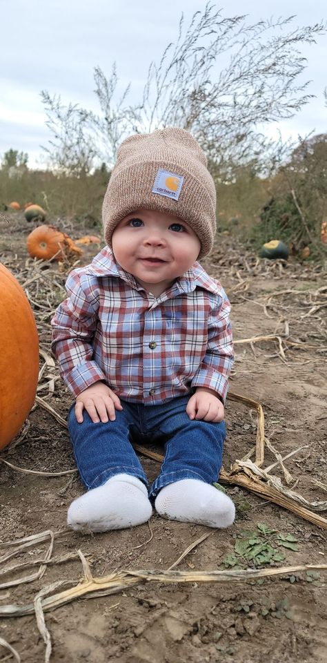 Carhartt Baby Boy Pictures, Fall 6 Month Photos Boy, Baby Boy Carhartt Outfits, Fall Baby Pictures Boy, Baby Carhartt Outfit, Carhartt Baby Outfits, Baby Boy Pumpkin Patch, Toddler Boy Photo Shoot Ideas, Baby Carhartt