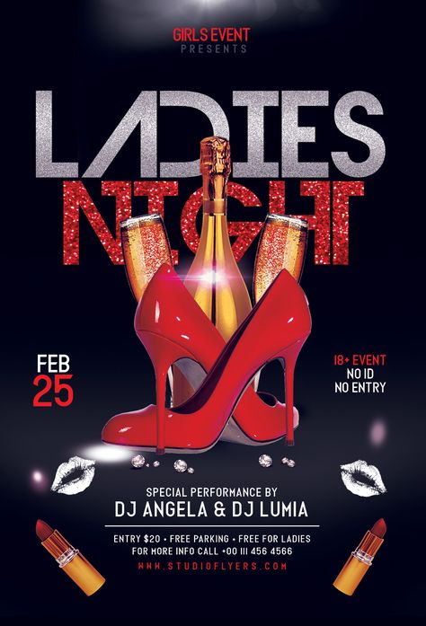 Download Ladies Night Flyer Template in PSD format.This freebie flyer is suitable for any ladies night, dj, clubnight, music, event, party and more.  #flyer #flyers #template Ladies Night Out, Ladies Night Poster, Ladies Night Ideas, Ladies Night Flyer, Vintage Flyer, Royal Background, Ladies Night Party, Flyers Template, Dj Flyer