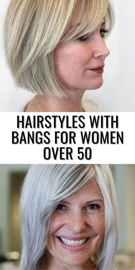 20 Hairstyles with Bangs for Women Over 50 Mid Length Hairstyles For Straight Hair, Womens Hair Styles Over 50, Shoulder Length Hair Styles With Bangs, Shoulder Length Hair With Bangs Straight, Bob With Layered Bangs, Shoulder Length Hairstyles With Bangs, Shoulder Length Haircut With Bangs, Above Shoulder Hair, Bangs For Women Over 50