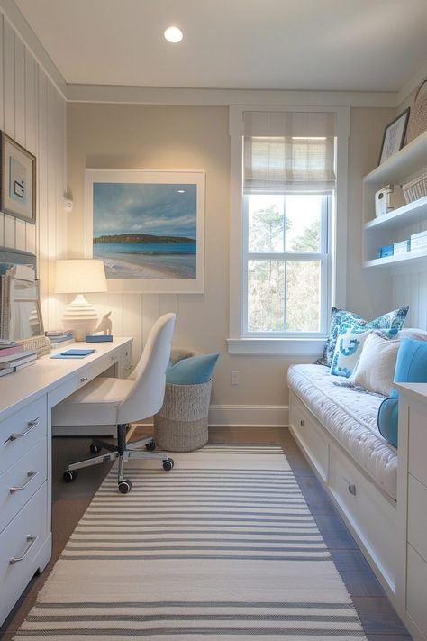 29 Coastal Dorm Room Ideas to Refresh Your College Space Study Hall Ideas, Coastal Dorm Room, Coastal Dorm, Beach Elements, Coastal Office, Dormitory Room, Study Hall, Hall Ideas, Dorm Room Ideas