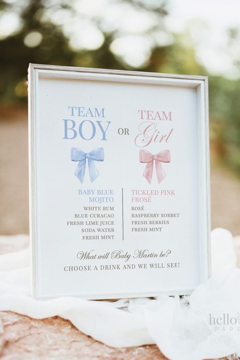 Gender Reveal Cocktail Drinks Menu.
Editable and printable. 

#etsy #hellorosepaperie #teamboy #teamgirl #genderrevealcocktailmenu #genderrevealdrinkideas #genderrevealcocktailideas #teamgirldrinkideas #teamboydrinkideas #heorshewhatwillbabybe #genderrevealideas #genderrevealpartyideas #genderrevealideasforparty #genderrevealthemes #genderrevealdecorations #genderrevealbows Gender Reveal Cocktails, Gender Reveal Drinks, Gender Ideas, Ducky Baby Showers, Signature Cocktail Sign, Gender Reveal Themes, Bow Baby Shower, Signature Cocktails, Cocktails Sign