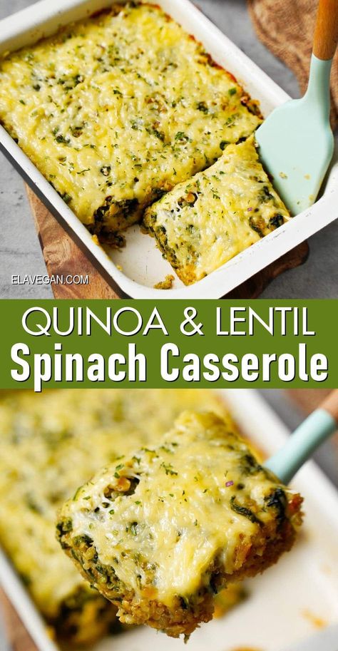 This spinach casserole with quinoa (or rice), lentils, and cheese is creamy, cheesy, and comforting, yet super wholesome and loaded with vitamins, minerals, fiber, and plant-based protein - perfect for serving with just about any meal! #spinachcasserole #quinoacasserole #lentilcasserole #vegancasserole #veganbake #elasrecipes | elavegan.com Casserole With Rice, Vegan Casserole Recipes, Ella Vegan, Lentil Casserole, Rice Lentils, Lentils And Quinoa, Spinach Bake, Quinoa Spinach, Spinach Casserole