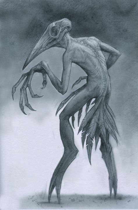 The ultimate in nightmare fuel art: Anastasios Gionis - Album on Imgur Humanoid Bird Monster, Scary Bird Drawing, Bird Man Art, Bird Monster Art, Mavros Thanatos, Crow Monster, Demon Character Art, Fear Of Birds, Scary Monster Art