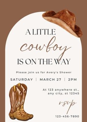 Cowboy Baby Shower Invitation - Templates by Canva Cowboy Baby Shower Invitations, Bebe Shower, Country Baby Shower, Boy Shower Invitations, Cowboy Baby Shower, Custom Baby Shower Invitations, Western Baby, Cowboy Baby, Western Babies