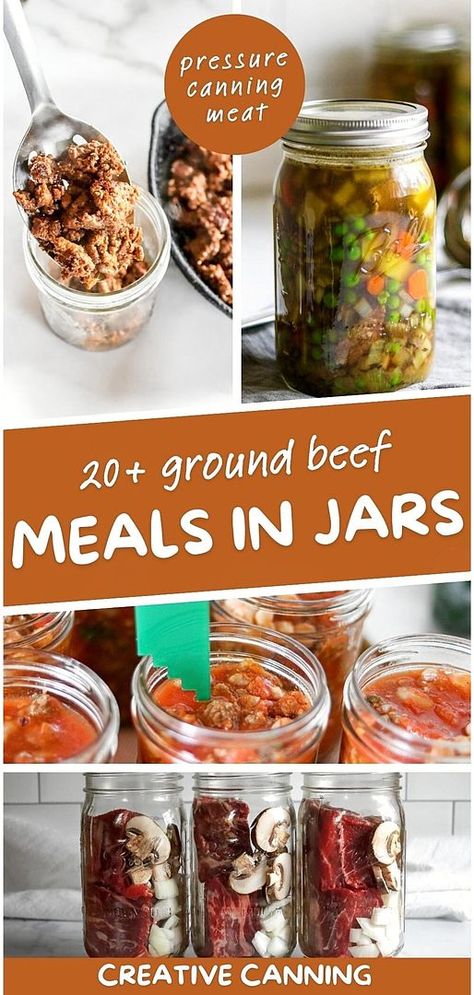 20+ Ground Beef Meals in Jars offers a variety of pressure canning meat recipes, perfect for transforming ground beef into shelf-stable, delightful meals like sloppy joes and taco soup. These recipes are a must-try for practical and delicious food storage solutions. Find more pressure canning soup recipes, tips for beginners, and canning food preservation ideas at creativecanning.com. Canning Jar Meal Prep, Canning Meats In A Jar, Canning Ground Turkey, Home Canned Meals, Canned Ground Beef, Canning Meals Recipes, Pressure Canning Recipes Meals Dinners, Canned Stew Meat Recipes, Home Canned Meals In A Jar