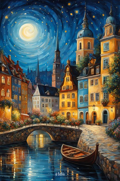 Dive into Fantasy: Mesmerizing Nocturnal Cityscapes Magical World Drawing, Fantasy World Painting, Magical World Art, Fairytale Painting, Dreamlike Art, Magical City, Whimsical Art Paintings, Dream Painting, Landscape Art Painting