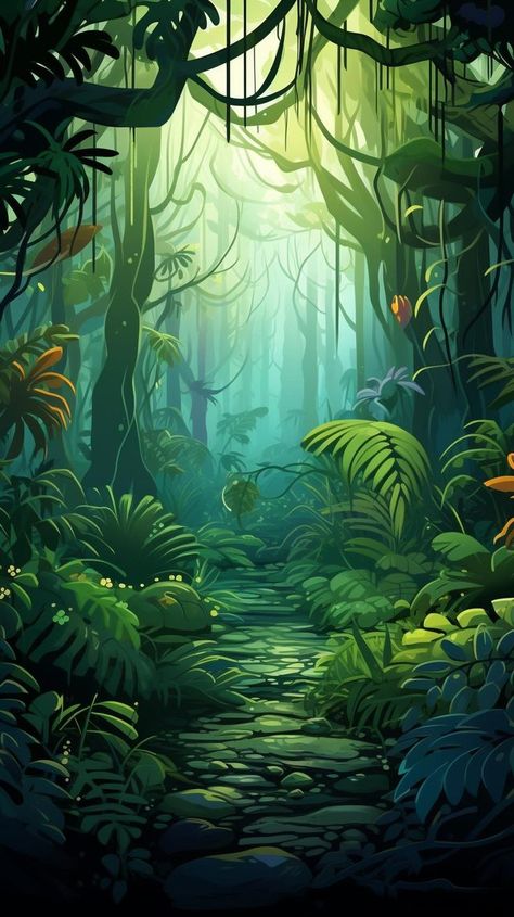 Explore the mysterious Jungle Depths with its dense foliage and tangled underbrush. Discover the beauty of nature and immerse yourself in the wild. #Jungle #Depths #DenseFoliage #Nature #Wilderness #ExploreTheWild #AdventuresInNature #IntoTheJungle #UntamedWilds #IntoTheWilds Jungle Background Drawing, Jungle Illustration Background, Jungle Background For Editing, Jungle Fantasy Art, Jungle Concept Art, Space Wall Painting, Fantasy Jungle, Jungle Vines, Jungle Images