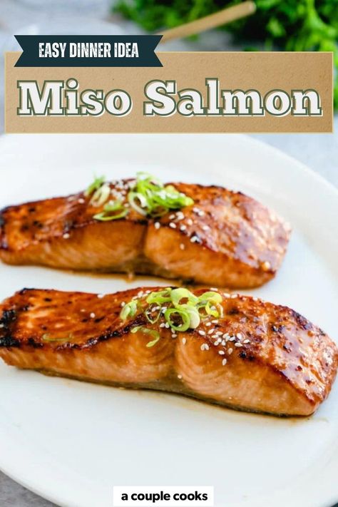 Prepare to be amazed by this miso salmon! The savory glaze is the perfect accent for this broiled fish and makes an easy dinner. #miso #salmon #misosalmon #easydinner #healthydinner #salmonrecipe Miso Marinade, Miso Salmon Recipe, Miso Recipe, Farm Recipes, Miso Salmon, Salmon Soy Sauce, Pesto Salmon, A Couple Cooks, Broiled Salmon