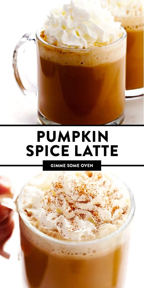 This homemade pumpkin spice latte recipe is inspired by the Starbucks version, yet lightened up a bit and naturally sweetened with maple syrup. Feel free to use your favorite kind of milk and make your drink with either espresso or very strongly brewed coffee. | gimmesomeoven.com Pumpkin Latte Starbucks, Pumpkin Latte Recipe, Pumpkin Spice Syrup Recipe, Faux Coffee, Iced Pumpkin Spice Latte, Pumpkin Spice Latte Recipe, Breakfast Drinks, Coffee Syrups, Pumpkin Pie Spice Recipe