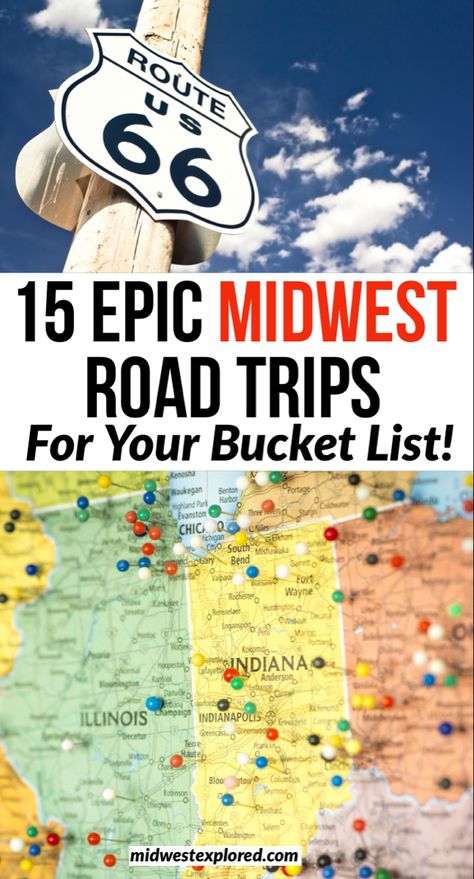 White Route 66 sign on wooden pole with clouds in background and push pins on colorful Midwest map. State Road Trips, Roadtrip Bucket List, Road Trip Bucket List, Midwest Bucket List, Nebraska Road Trip, Road Trips With Kids, Out West Road Trip, American Midwest, Wisconsin Road Trips