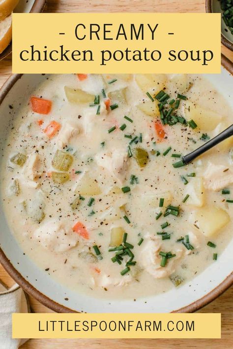 Creamy chicken potato soup is an easy comfort food recipe that is perfect for chilly weather. It has a simple base of carrots, celery, and onions, with tender chicken and potatoes all in a rich creamy broth. This is a quick soup recipe that comes in handy on busy nights! Chicken Soup Potatoes Carrots, Chicken Potato Chowder Soup, Creamy Chicken Asparagus Soup, Potatoe Chicken Soup Recipe, Carrot Chicken Soup, Chowder Recipes Potato, Chicken Carrot Potato Soup, Cream Of Chicken Potato Soup, Potatoe Chicken Soup Crockpot