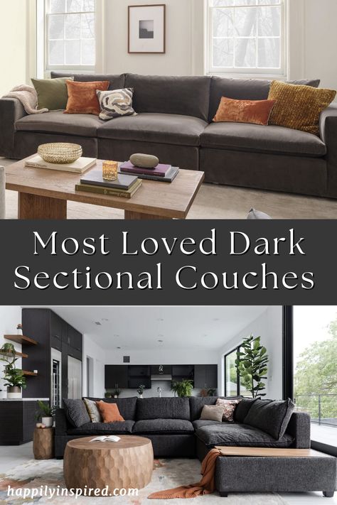 Black sectionals are a great idea in seating areas that get a lot of use! Whether you have messy kids or host often, these are the best dark living room sectional ideas. Dark Grey Leather Sectional Living Room, Charcoal Grey Sectional Living Room, Charcoal Sectional Living Room Decor, Dark Gray Sectional Living Room Ideas, Dark Gray Sectional Living Room Decor, Dark Grey Sectional Living Room Ideas, Dark Sectional Living Room, Charcoal Sectional Living Room, Dark Gray Sectional Living Room