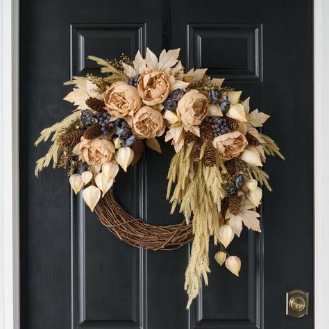 Available in: 26" Diameter x 6" Deep Indoor or Outdoor Covered Use Life-like Botanical & Floral Indoor or Outdoor Covered Use Designed, Handcrafted in Ohio Happy Holidays! Say it all with a Darby Creek Wreath this Season. Our Autumn Equinox Asymmetric Front Door Fall Wreath is the perfect statement piece for the front door, wall, or above the mantel in your home. This gorgeous wreath will say a merry little hello to all your guests and loved ones throughout the season. Darby Creek wreaths also m Fall Wreath Neutral Colors, Fall Wreaths Simple, Fall Winter Wreaths For Front Door, Fall Grapevine Wreaths For Front Door, Oval Fall Wreath, Modern Fall Wreaths For Front Door, Fall Wreaths For Front Door Autumn, Fall Wreaths For Front Door Diy, Diy Fall Wreath For Front Door