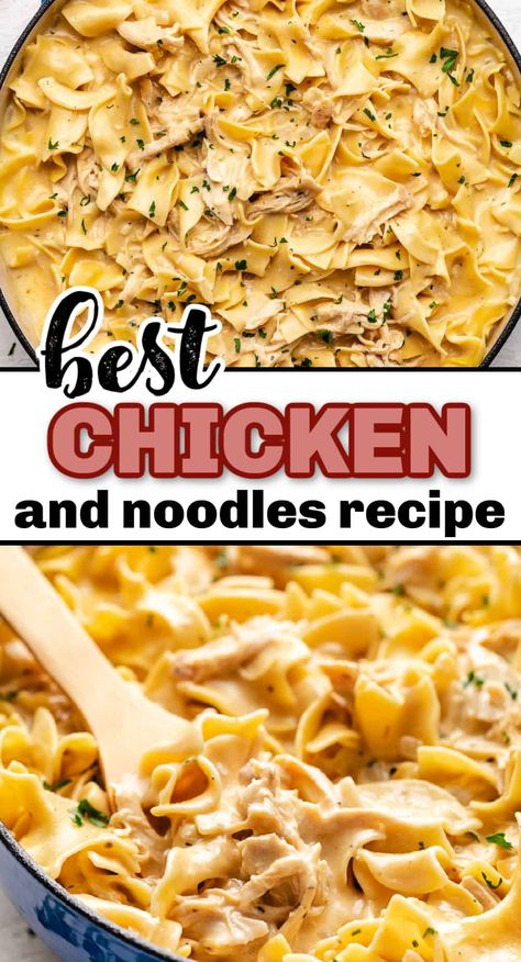 This Chicken and Noodles Recipe is the ultimate comfort food ready with just 15 minutes of prep! It features bites of juicy chicken tossed with tender egg noodles in a creamy and savory sauce. Cream of Chicken Soup | Easy Chicken Dinner Recipes | Egg Noodle Recipes | Easy Chicken and Noodles | Chicken Noodle Recipes | Chicken Egg Noodle Casserole | Chicken and Egg Noodles Recipe Stovetop | Quick Easy Chicken Recipes | Recipes for Rotisserie Chicken | Stovetop Chicken And Noodles, Egg Noodle Recipes Easy, Chicken And Egg Noodles Recipe, Egg Noodle Recipes Chicken, Recipes For Rotisserie Chicken, Chicken Egg Noodle Soup, Chicken Egg Noodle Casserole, Egg Noodle Dishes, Easy Chicken And Noodles