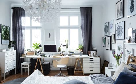 9 Bedroom Office Ideas That Will Inspire You to Get Sh*t Done | Hunker Office Bedroom Combo, Office Bedroom Ideas, Bedroom Office Combo, Industrial Mirror, Bedroom Office Ideas, Guest Bedroom Home Office, Guest Bedroom/office, Ikea Bedroom, Guest Room Office